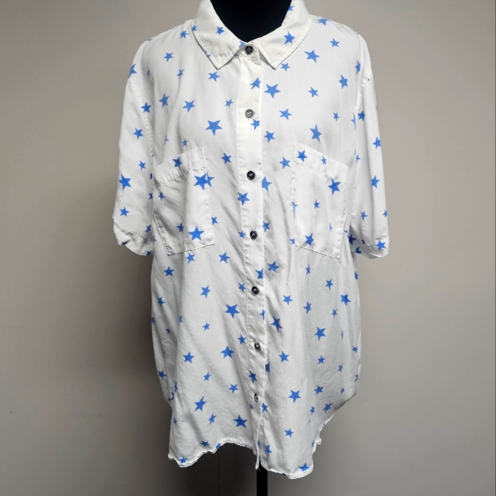 White Blue Stars Patriotic Short Sleeve Button Up Preppy America USA Breathable‎